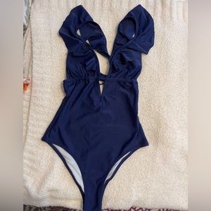 CUPSHE Ruffle deep V neck One-piece Size S Color Blue new without tags